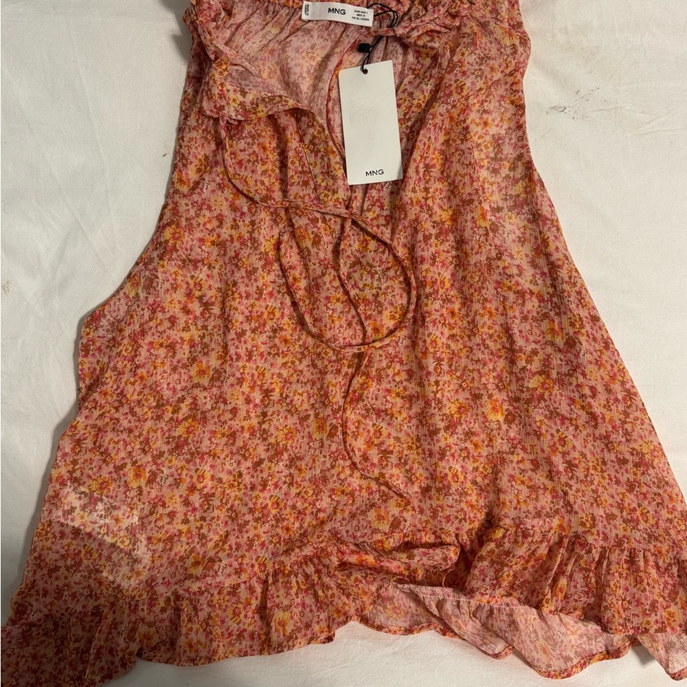 Mango Orange Tie Front Blouse with Ruffled Bib Collar